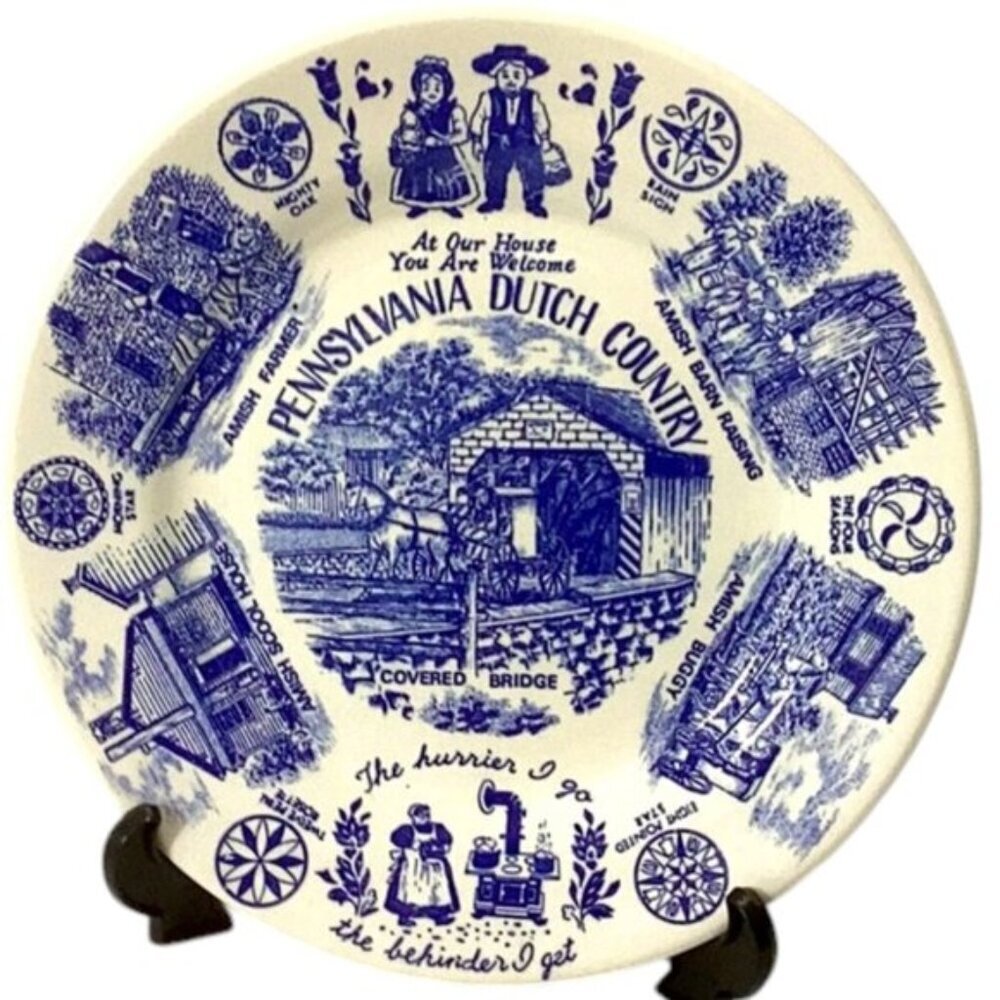 Vintage 1960s Pennsylvania Dutch Country Blue and White Collector's Plate 9"